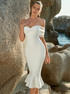 Women Sexy Off Shoulder Mesh Midi Dress Elegant Solid Color Slim Fit Mermaid Party Evening Dress Polyester Spandex Dress