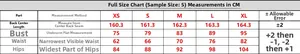 Detailed size chart for backless slim fit evening dress from XS to XL with body measurements