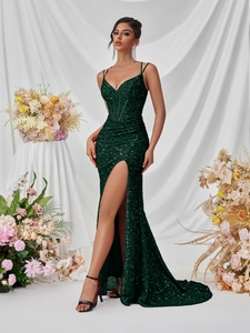 Luxury emerald green sequin evening gown with deep V-neck and high slit fish tail design