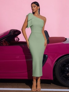 Elegant One Shoulder Bow Midi Dress For Women Slim Fit Ruched Bodycon Party Evening Banquet Dress Polyester Spandex
