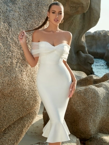 Elegant white strapless mermaid evening dress with sheer mesh ruffle detailing for parties