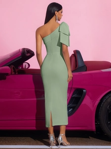 Elegant sage green one-shoulder satin midi dress with bow detail and back slit