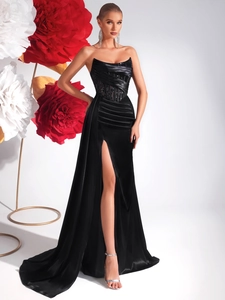 Elegant black strapless evening gown with sequins, high slit, and luxury satin finish
