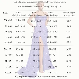 Guide des tailles détaillé pour robe de soirée à paillettes avec mesures en cm et pouces