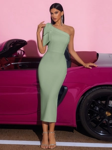 Elegant avocado green one-shoulder satin dress with ruching for formal party