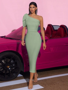 Elegant light green one-shoulder satin midi dress with bow detail for formal parties
