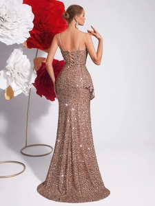 Elegant champagne sequin evening dress with spaghetti straps and mermaid fishtail hem