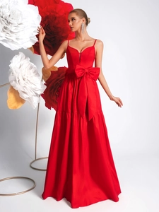 Elegant Red Deep V Neck Spaghetti Strap Evening Dress For Women Luxurious Large Bow Pleated Tiered Formal Party Gown