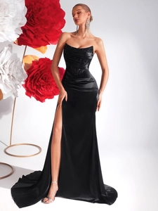 Elegant black strapless evening gown with side slit and pleated bodice for formal banquet