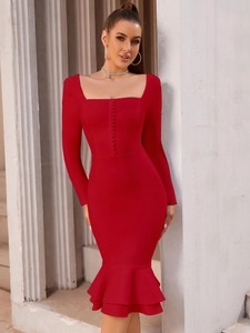 Vestito Bodycon da Donna Elegante Rosso Vino Manica Lunga Scollo a Barca Orlo a Sirena Tinta Unita Slim Fit per Festa Banchetto