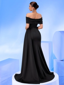 Elegant off-shoulder black satin evening gown with slim fit mermaid slit design
