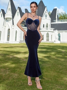 Elegant navy blue velvet evening dress with sheer corset waist and mermaid hem design