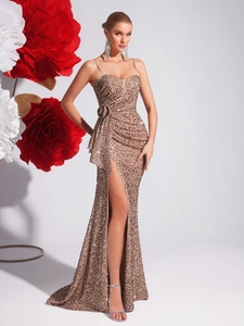 Sequined Spaghetti Strap Evening Gown Slim Fit High Split Mermaid Dress For Women Party Banquet Prom Luxury Formal Dress