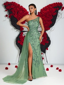 Robe de Soirée Femme Élégante Une Épaule Paillettes Traîne en Maille Fente Haute Robe de Fête Formelle Moulante