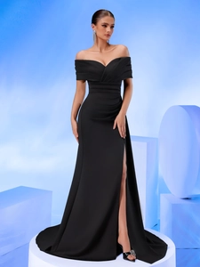 Elegant black off-shoulder satin evening gown with a high slit and floor-length fisheye tail