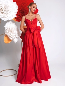 Elegant red deep V-neck maxi dress with a large bow and pleated satin finish