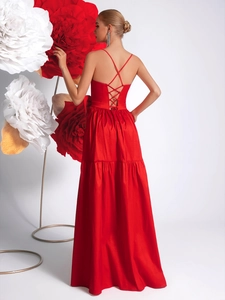 Elegant red deep V-neck maxi dress with cross back straps and pleated silk texture