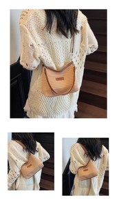 Detail view of woven bucket bag featuring light brown mesh with dark leather trim straps