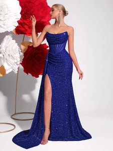 Robe de soirée à paillettes bleu roi avec bustier corset et fente haute sexy