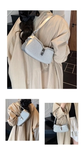 Three-way close-up of silver retro baguette bag with glittering finish and metal buckle