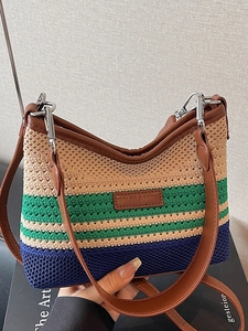 Trendy Knitted Contrast Color Striped Bucket Bag For Women Urban Simplicity Handheld Shoulder Crossbody Bag With Zipper