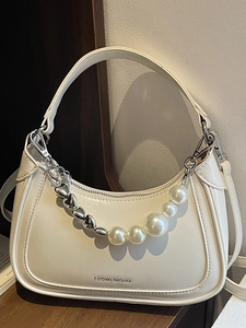 Women Fashion PU Leather Hobo Bag Half Moon Underarm Bag Decorative Artificial Pearl Heart Chain Adjustable Shoulder Strap Handbag