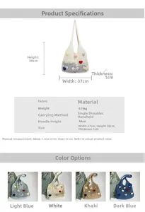 Size chart and multi-color options of crochet flower tote bag with dimensions display