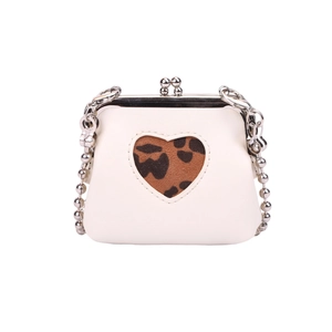 Mini white leather chain bag with heart cutout and leopard print detail for women