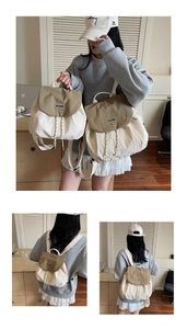 Three-way view of a minimalist cream and khaki drawstring backpack in a home setting