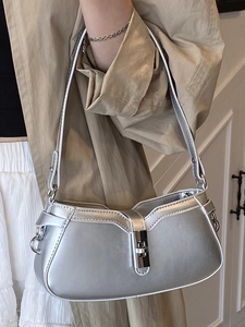 Metallic silver baguette shoulder bag with metal buckle for Y2K vintage fashion style