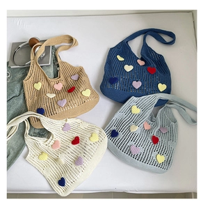 Detailed close-up showing hollow knit flower tote bags in four various colors with props