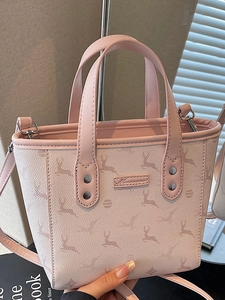 Pink deer-print mini tote bag with leather handles and detachable strap for women
