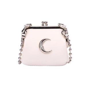 Mini white leather crossbody bag with silver crescent moon charm and chain strap