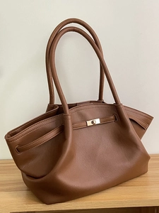 Brown litchi leather tote bag with metal twist lock for women summer shoulder wear
