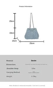 Detail view of light blue denim cloud bag with chain strap and dimensional specifications