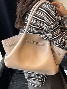 Fashionable beige leather tote bag for women with gold twist lock and large capacity