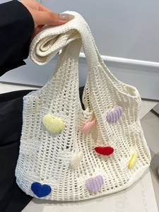 Handmade Cotton Crochet Heart Patch Tote Bag Large Capacity Hollow Out Knit Shoulder Bag For Women Summer Beach Casual Bag