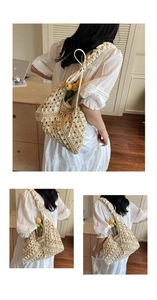 Detail of hand-woven straw tote with white ruched fabric straps and tulip decoration