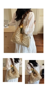 Detail of hand-woven straw tote with brown pleated leather handle and airy texture