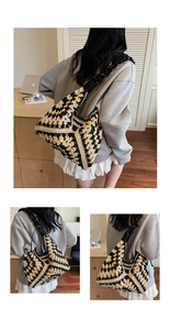 Detail of checkered woven tote bag showing black ruched shoulder strap and pattern