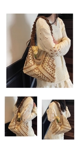 Detailed view of bicolor woven tote with brown ruched leather shoulder strap and floral decor