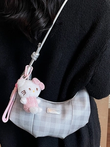 Plaid crescent shoulder bag in silver-grey with cute plush kitten doll charm