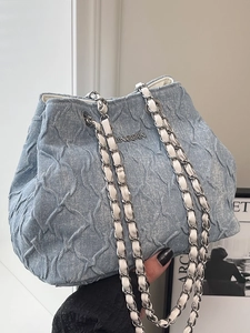 Women Casual Denim Blue Shoulder Bag Korean Fashion Chain Crossbody Bag Pleated Texture Small Tote Bag For Lady Summer