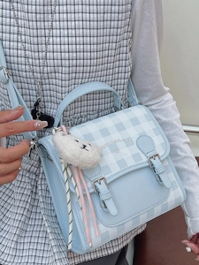 Light blue plaid mini backpack for women with teddy bear pendant and top handle
