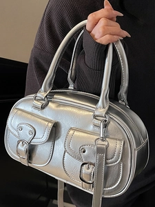 Vintage silver metallic tote bag with front pockets and textured faux leather finish
