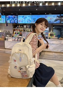 Detail of a beige canvas backpack with transparent PVC pocket for decorative pin display