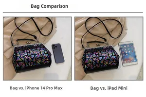 Größenvergleich der Retro-Glitzertasche mit iPhone und iPad mini für das Stauvolumen