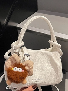 Women Minimalist Litchi Texture PU Leather Shoulder Crossbody Bag Pleated Small Square Bag With Plush Monster Pendant For Daily