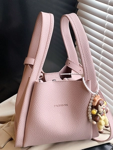 Borsa a Secchiello in Pelle PU Con Trama Litchi per Donna Borsa a Tracolla Minimalista Con Ciondolo Cartoon a Perla Artificial