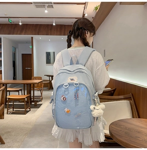 Close-up of light blue backpack featuring transparent pocket and plush white pendant